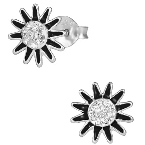 Hypoallergenic Sterling Silver Black Flower Crystal Stud Earrings for Kids (Nickel Free)