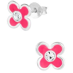 Hypoallergenic Sterling Silver Pink Flower with Crystal Stud Earrings for Kids (Nickel Free)