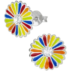 Hypoallergenic Sterling Silver Rainbow Flower with Crystal Stud Earrings for Kids (Nickel Free)