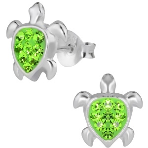 Hypoallergenic Sterling Silver Green CZ Crystal Sea Turtle Stud Earrings for Kids (Nickel Free)