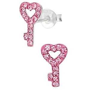Hypoallergenic Sterling Silver Pink Crystal Heart Key Stud Earrings for Kids (Nickel Free)