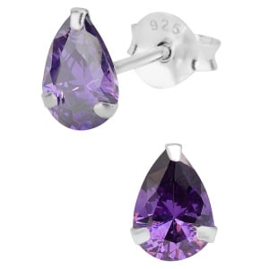 Hypoallergenic Sterling Silver Pear Cut Purple CZ Stud Earrings for Kids (Nickel Free)