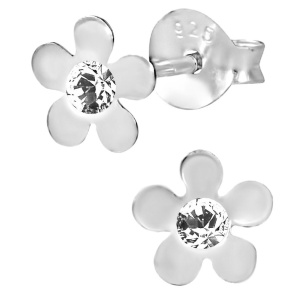 Hypoallergenic Sterling Silver Clear Crystal Flower Stud Earrings for Kids (Nickel Free)