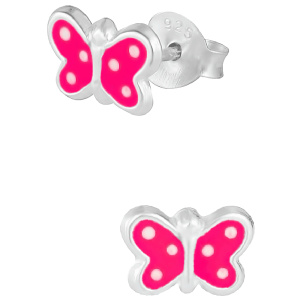 Hypoallergenic Sterling Silver Pink Polka Dot Butterfly Stud Earrings for Kids (Nickel Free)