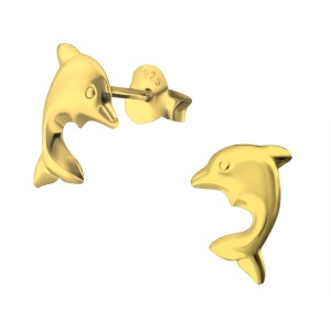 Hypoallergenic 14k Yellow Gold Plated Sterling Silver Dolphin Stud Earrings for Little Girls (Nickel Free)