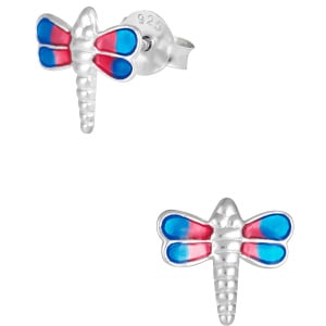 Hypoallergenic Sterling Silver Blue & Pink Dragonfly Stud Earrings for Kids (Nickel Free)