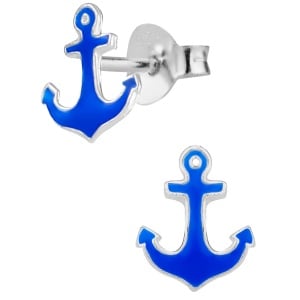 Hypoallergenic Sterling Silver Blue Anchor Stud Earrings for Kids (Nickel Free)