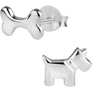 Hypoallergenic Sterling Silver Doggy Bone & Scotty Dog Mismatched Stud Earrings for Kids (Nickel Free)