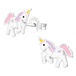 Hypoallergenic Sterling Silver Prancing Unicorn with Heart Earrings for Kids (Nickel Free)