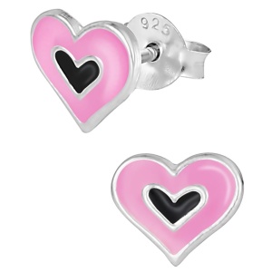 Hypoallergenic Sterling Silver Two Tone Pink & Black Heart Stud Earrings for Kids (Nickel Free)