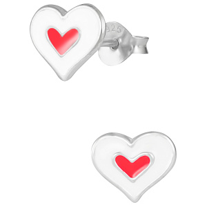 Hypoallergenic Sterling Silver Two Tone White & Red Heart Stud Earrings for Kids (Nickel Free)