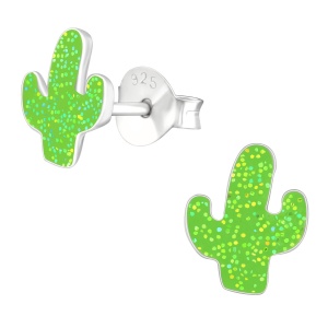 Hypoallergenic Sterling Silver Glitter Green Cactus Stud Earrings for Kids (Nickel Free)