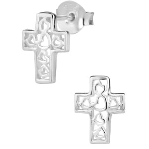 Hypoallergenic Sterling Silver Cross with Heart Designs Stud Earrings for Kids (Nickel Free)