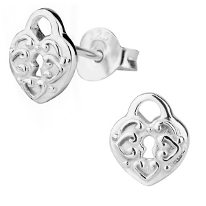 Hypoallergenic Sterling Silver Engraved Heart Lock Stud Earrings for Kids (Nickel Free)