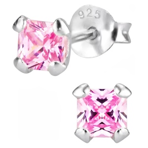 Hypoallergenic Sterling Silver Pink CZ Simulated Diamond Crystal Stud Earrings for Kids (Nickel Free)