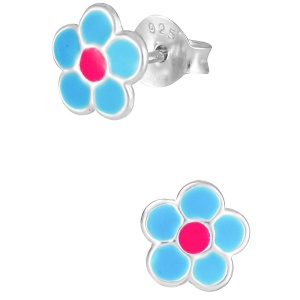 Hypoallergenic Sterling Silver Pink & Light Blue Daisy Flower Stud Earrings for Kids (Nickel Free)