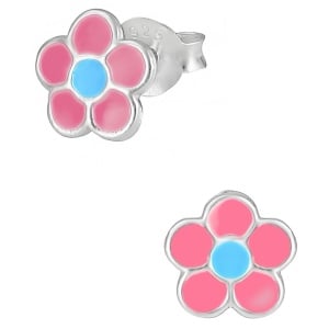 Hypoallergenic Sterling Silver Blue & Pink Daisy Flower Stud Earrings for Kids (Nickel Free)