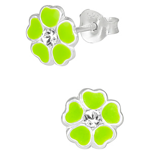 Hypoallergenic Sterling Silver Green Jeweled Flower Stud Earrings for Kids (Nickel Free)