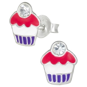 Hypoallergenic Sterling Silver Pink & Purple Cupcake Stud Earrings for Kids (Nickel Free)