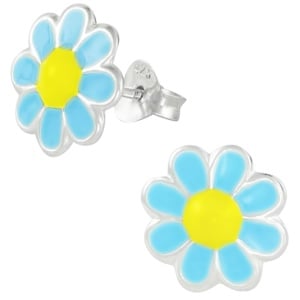 Hypoallergenic Sterling Silver Blue & Yellow Daisy Flower Stud Earrings for Kids (Nickel Free)