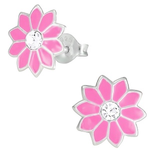 Hypoallergenic Sterling Silver Pink Flower with Crystal Stud Earrings for Kids (Nickel Free)