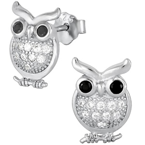 Hypoallergenic Sterling Silver Cubic Zirconia Crystal Owl Stud Earrings for Kids (Nickel Free)